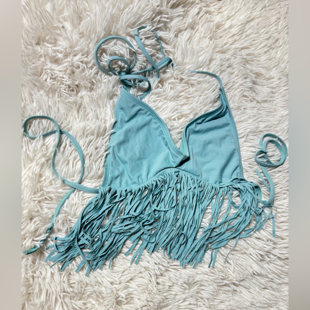 L Space Fringe Halter Bikini Top in Light Blue